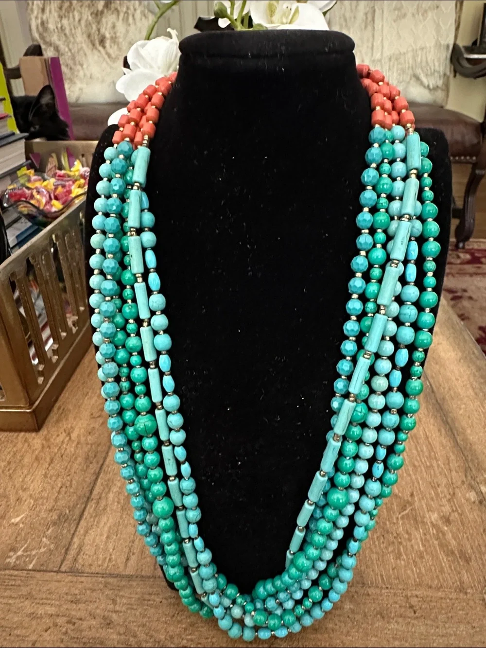 Multi-Strand Turquoise and Coral Beaded Statement Necklace